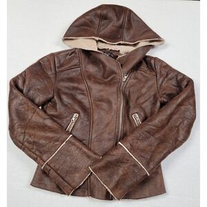 Women's Forever 21 Faux Leather Brown Hooded Coat Jacket Size Small